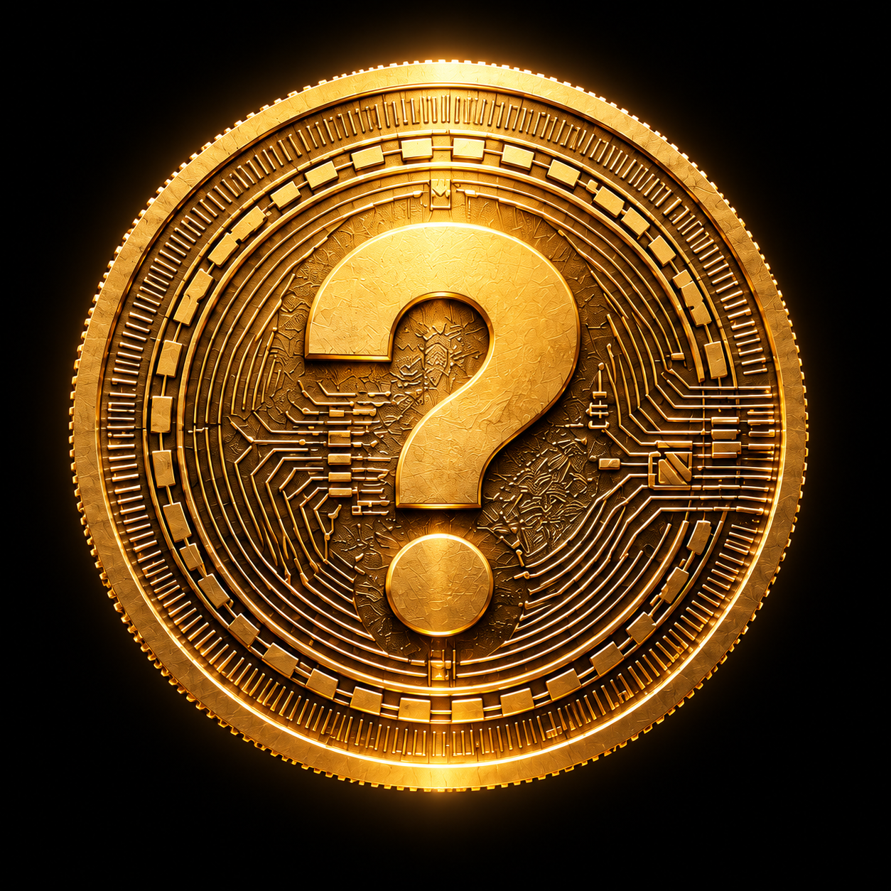An upright gold coin with a question mark, the identity before our community chooses its mascot